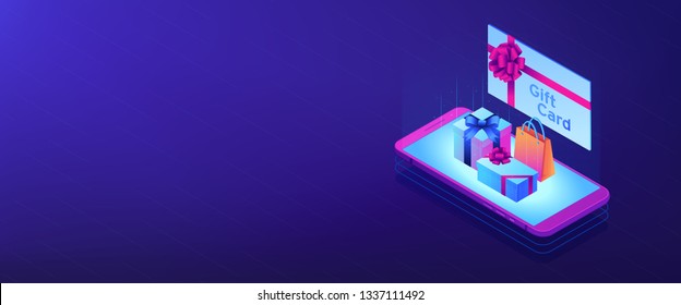 Gift Card With Ribbon And Smartphone With Shopping Bag And Boxes. Digital Gift Card, Mobile Store App, Digital Gift Certificate Concept. Isometric 3D Banner Header Template Copy Space.