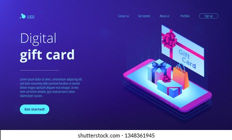 Gift Card With Ribbon And Smartphone With Shopping Bag And Boxes. Digital Gift Card, Mobile Store App, Digital Gift Certificate Concept. Isometric 3D Website App Landing Web Page Template