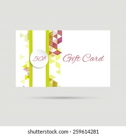 Gift card with a round badge and colored triangles. vector