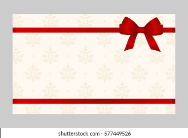 Gift Card With Satin  Red Ribbon And A Bow on a background.  Gift Voucher Template.  Vector image.