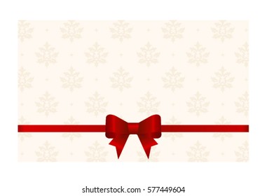 Gift Card With Satin  Red Ribbon And A Bow on a background.  Gift Voucher Template.  Vector image.