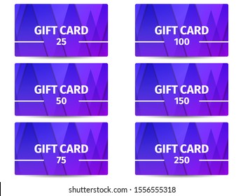 Gift card set. Layers of cut paper. The cards cost in 25, 50, 75 100, 150, 250. Overlay layers with a gradient. Vector illustration