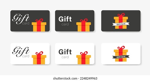 Tarjeta de regalo . Juego de tarjetas de fidelidad . Icono del vector. Compra de la colección de plantillas de tarjetas de regalo con caja de regalo .Voucher .  10 pasos