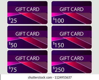 Gift card set. Material design style with gradient. Layers of cut paper. The cards cost in 25, 50, 75 100, 150, 250. Set of vector illustration