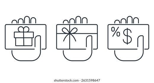  Gift card  set.  Present or promotional offer. Shopping giftcard,voucher,surprise , discount. Vector linear icon illustration on white background.