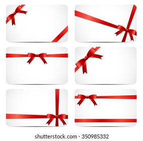 Gift Card Set with Red Ribbon and Bow. Vector illustration EPS10