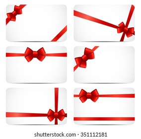Gift Card Set with Red Ribbon and Bow. Vector illustration EPS10