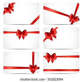 Gift Card Set with Red Ribbon and Bow. Vector illustration EPS10