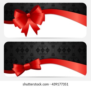Gift Card Set with Red Ribbon and Bow. Vector illustration EPS10