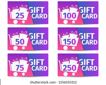 Gift card set. Trolley with gift boxes. Shopping cart. The cards cost in 25, 50, 75 100, 150, 250. Vector illustration