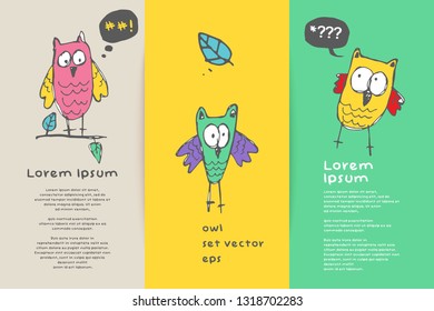 gift card set vector with owl cartoon vector, design template for poster or banner