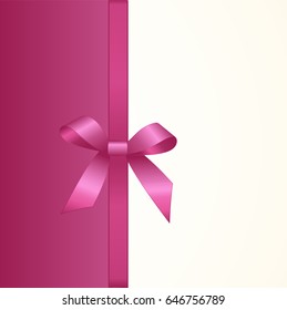 Gift  Card with Shiny Pink Satin Gift Bow Close up, has space for text on  background. Gift Voucher Template.  Vector image.