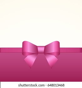Gift  Card with Shiny Pink Satin Gift Bow Close up, has space for text on  background. Gift Voucher Template.  Vector image.