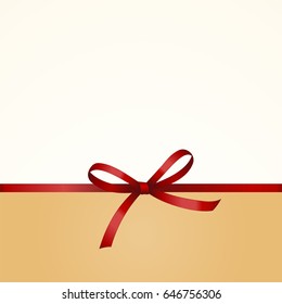 Gift  Card with Shiny Red Satin Gift Bow Close up, has space for text on  background. Gift Voucher Template.  Vector image.