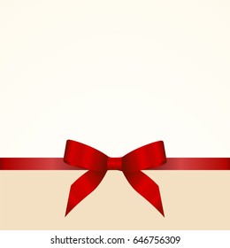 Gift  Card with Shiny Red Satin Gift Bow Close up, has space for text on  background. Gift Voucher Template.  Vector image.
