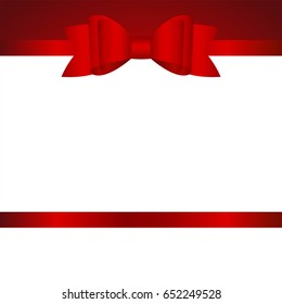 Gift  Card with Shiny Red Satin Gift Bow Close up, has space for text on  background. Gift Voucher Template.  Vector image.