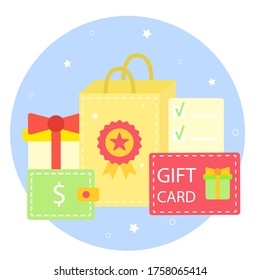 Gift card for shopping design, vector illustration. Buy present, sale prie and package symbol with label. Bag, box, cash and cart element, internet wallet credit for buying objects in shop.