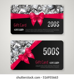 Gift Card with Silver Foil Texture and Pink Bow.  Holiday Invitation Decorative Template, Voucher Design. Glowing New Year or Christmas Backdrop.