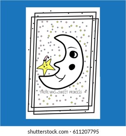 Gift card with smiling moon and star standing on the moon and loughing on white background with dots and frame and text