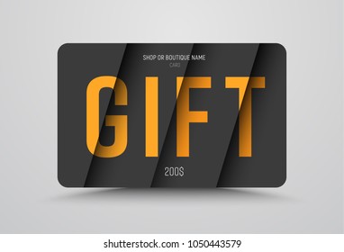 gift card template is black with orange text at different levels of height on the hovering sheets. Material design. Vector illustration