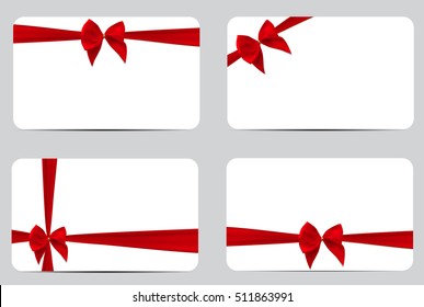 Gift Card Template Collection Set with Silk Red Ribbon and Bow. Vector illustration EPS10