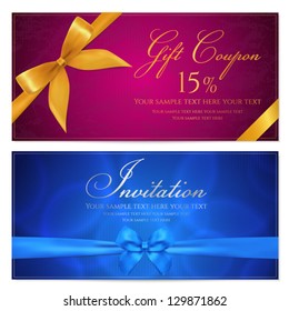 Gift Card Template With Corrugated Texture And Gift Red Bow (ribbons). Background Design Usable For Gift Voucher, Coupon, Invitation, Certificate, Diploma, Ticket Etc. Vector In Blue, Maroon Colors