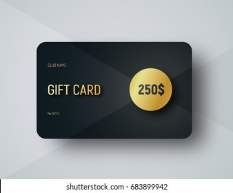 gift card template with a gold circle for face value. Premium design in a minimalist style with a black abstract background. Vector illustration