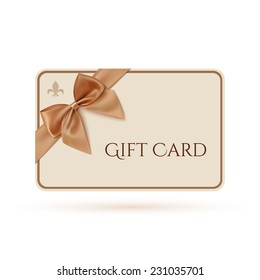 Gift card template with golden ribbon and a bow. Vector illustration