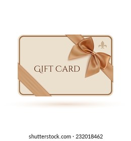 Gift card template with golden ribbon and a bow. Vector illustration