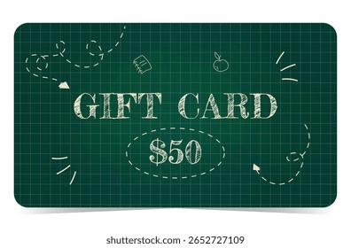Gift card template with handwritten school elements in doodle style as frame around. Green chalkboard and checkered paper on background. Vector illustration. Back to school