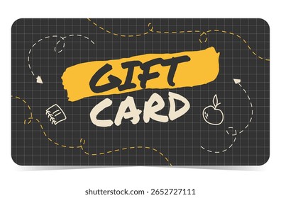 Gift card template with handwritten school elements in doodle style as frame around. Black chalkboard and checkered paper on background. Vector illustration. Back to school