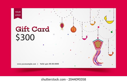 Gift Card Template Layout With Hanging Lit Oil Lamps (Diya) And Lanterns In White Color.