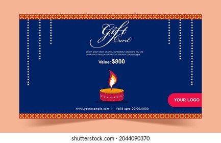 Gift Card Template Layout With Lit Oil Lamp (Diya) In Blue Color.