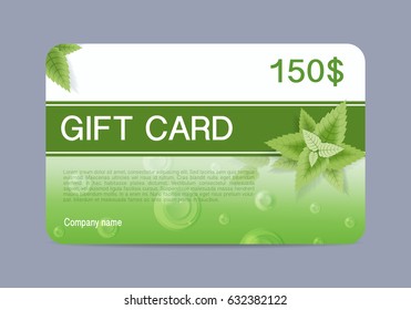 Gift card template. Mint leaves and air bubbles on a green background. Vector.