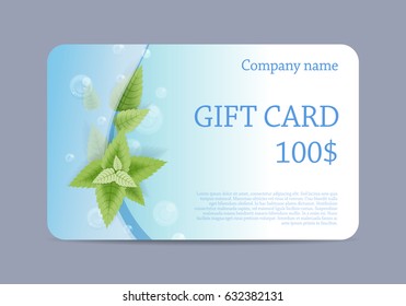 Gift card template. Mint leaves and air bubbles on a blue background along the waves. Vector.
