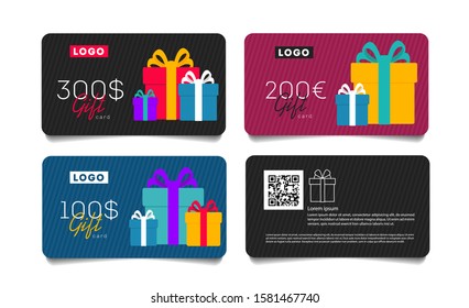 Gift card template with monetary award and gift boxes illustration. Special offer for the customer with qr code