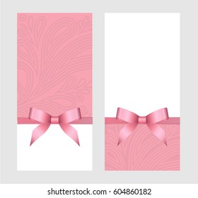 Gift card template with pink  red bow (ribbons). Background design usable for gift voucher, coupon, invitation, certificate, diploma, ticket etc. Vector in pink colors
