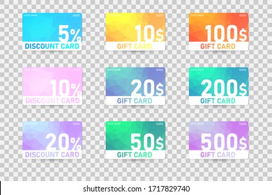 Gift card template with polygonal abstract elements. Set of nine discount cards for shop and store. Vector design with colorful card mockup isolated on transparent background.