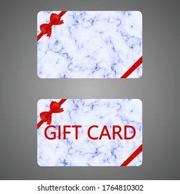 Gift card template with red ribbon and a bow on marble background. Stock vector illustration on isolated background.