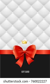 Gift Card Template, Red Silk Ribbon Bow, Golden Crown Royal Accessory And White Quilted Background for Celebration. Vector illustration