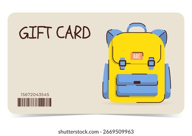 Plantilla de Tarjeta de regalo con el bolso de escuela, mochila. Diseño para ventas, programas de fidelización, bonificaciones o regalos. Regreso a la escuela. Ilustración vectorial plana