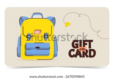 Gift card template with school bag, backpack, paper plane and dashed flight path on squared paper. Design for sales, loyalty programs, bonuses or presents. Back to school. Flat vector illustration