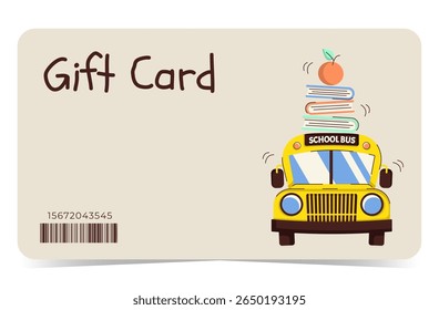Gift card template with school bus, books, apple. Design for sales, loyalty programs, bonuses or presents. Back to school. Flat vector illustration