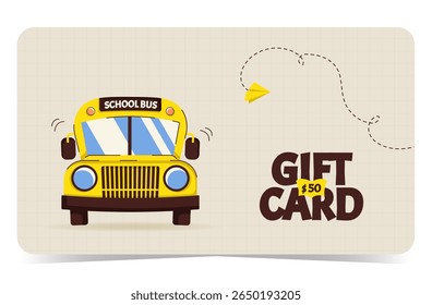 Gift card template with school bus, paper plane and dashed flight path on squared paper. Design for sales, loyalty programs, bonuses or presents. Back to school. Flat vector illustration