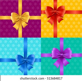Gift Card Template Set with Color Bow for a Birthday or Celebration or package. Vector illustration Can Be Used For Celebration, Party, Anniversary. Bow and stars.