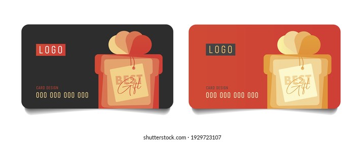 Gift card template with stylized gift box illustration with best wishes note tag, loyalty program or credit bank card with digits, isolated