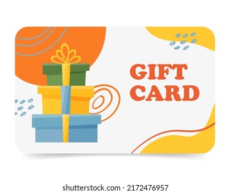 Ilustración vectorial de plantilla de tarjeta regalo. Tarjeta de fidelidad con patrones abstractos, cajas de regalo. Certificado de descuento de compra para clientes de fondo blanco