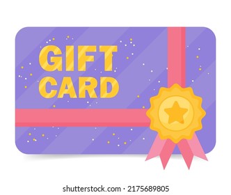 Gift card template vector illustration. Loyalty card with quality guarantee medal with star and ribbon. Shopping discount certificate for customers on a white background