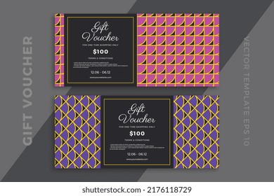 Gift card templates with elegant geometric pattern on dark background. Trendy discount coupon or certificate mockup with artistic geometric mosaic. Simple vector editable background with sample text