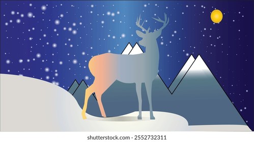 Gift card themed : a deer is walking on snowy Christmas Eve alone.